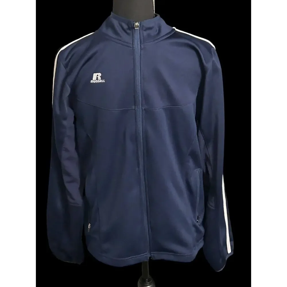 Russell‎ Athletic Youth Sz XL Zip Up Jacket Navy Blue w/ White Stripes On Arm